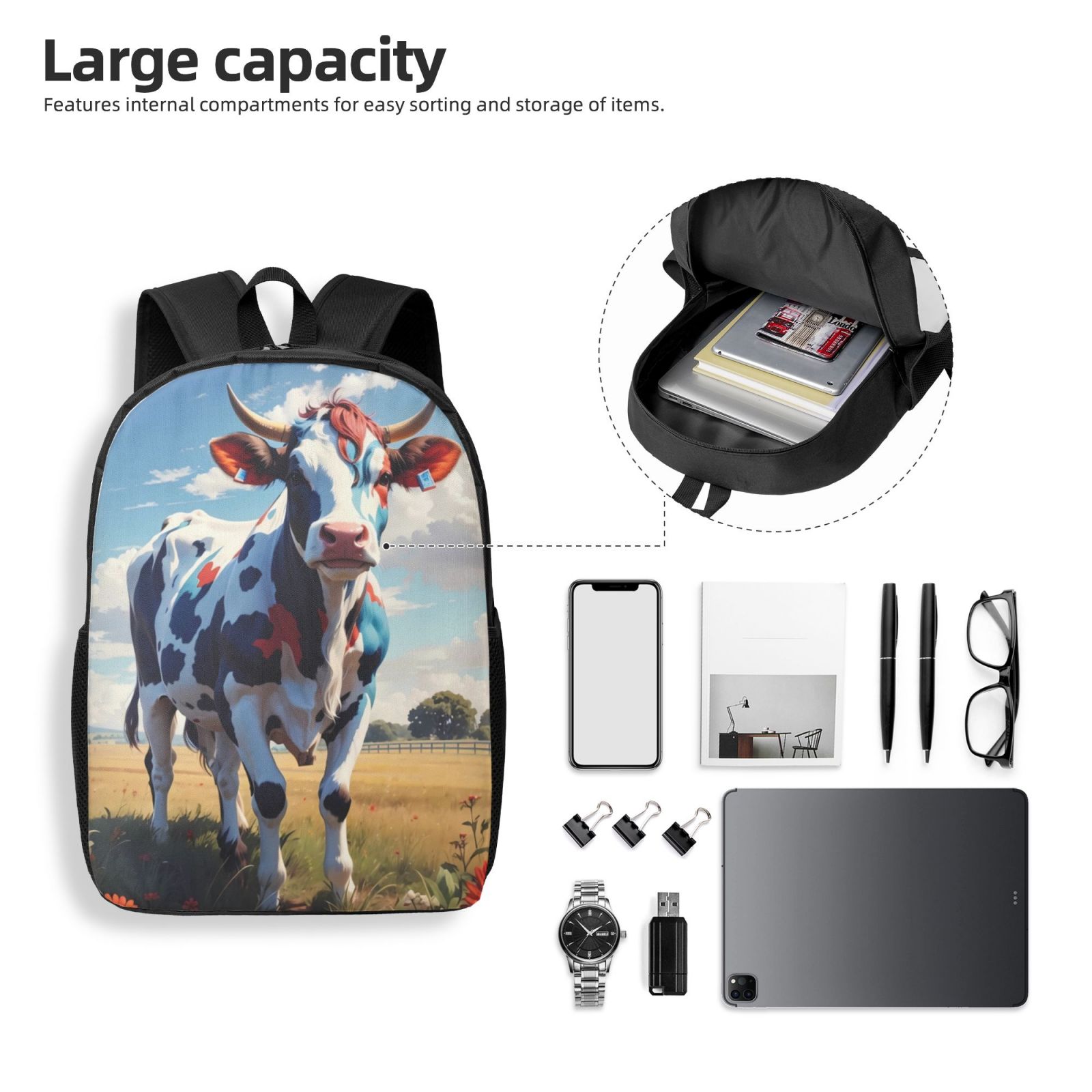 Xecao Colorful Cow Pasture print Travel Backpack, Large Computer Backpack for Men Women, College School Rucksack Book Bag