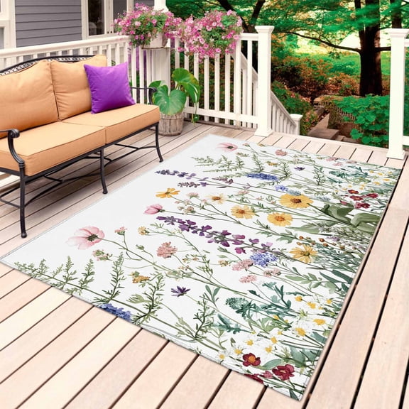 Spring Floral Outdoor Rug for Patio/Deck/Porch, Non-Slip Large Area Rug 4 x 6 Ft, Pastoral Summer Botanical Flowers Herb Indoor Outdoor Rugs Washable Area Rugs, Reversible Camping Rug Carpet Runner