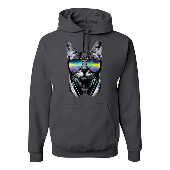 DJ Kitty Cat with Headphones | Mens Cat Lover Hooded Sweatshirt Graphic Hoodie, Charcoal, Small