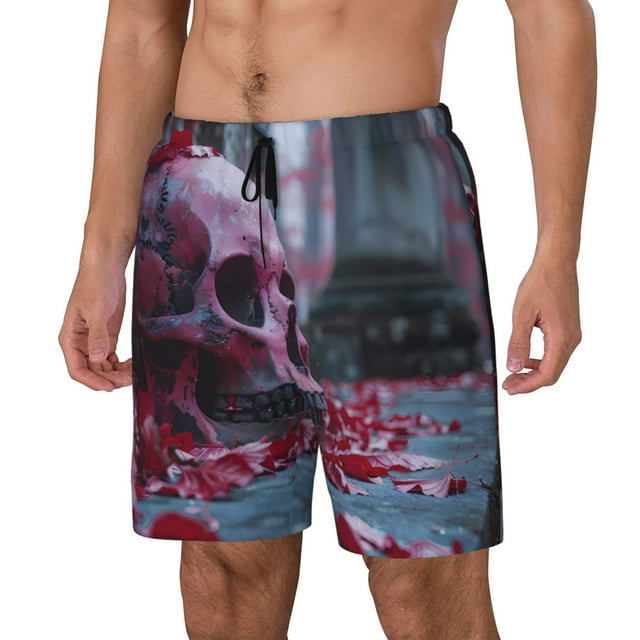 Cauagu Gothic Red Skull Cemetery Print Mens Swim Trunks Quick Dry Board Shorts Swim Shorts with Compression Liner Bathing Suits-Medium