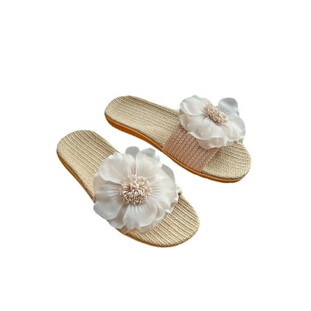 

Woobling Ladies Slide Sandal Summer Flat Sandals Flower Slippers Women Slides Casual Shoes Beach Lightweight Beige 5.5-6