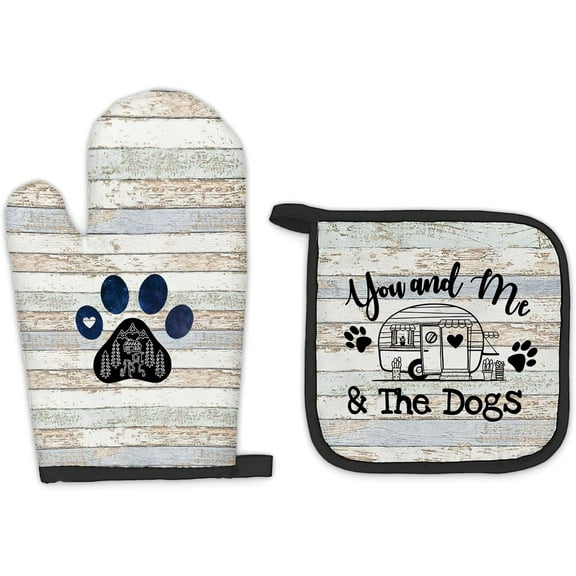 Camper Dog Lover Gifts Oven Mitts and Pot Holders Sets, Gifts for Camping Dog Lovers Kitchen Accessories Sets, Camping Dog Themed Heat Resistant Oven Glove Potholders for Rv Kitchen Cooking BBQ