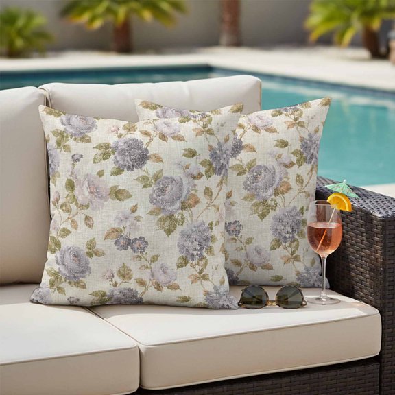 Vintage Floral Outdoor Waterproof Throw Pillow Covers Set of 2, 26"x26", Botanical Grey Blue Rose Leaf Linen Pattern Decorative Pillow Covers Outside Cushion Case for Patio Porch Garden