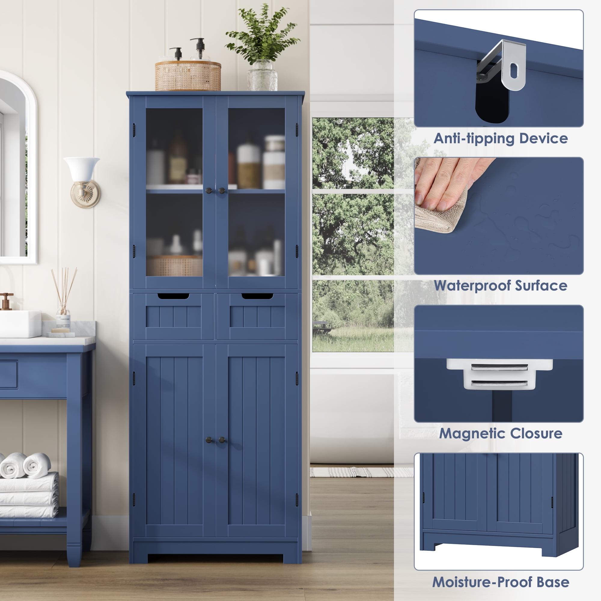 Homfa 4 Doors Bathroom Cabinet, 3-Tier Wood Tall Linen Storage Cabinet with 2 Drawers for Living Room, Blue