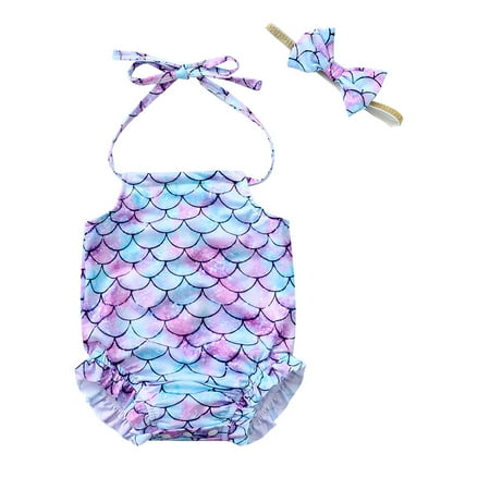 

Kucnuzki 12 Months Baby Girl Summer Swimsuits Basic Swimwear Sets 18 Months Sleeveless Fresh Fish Scale Prints Mermaid Looking Halter One-Piece Swinmsuit Blue