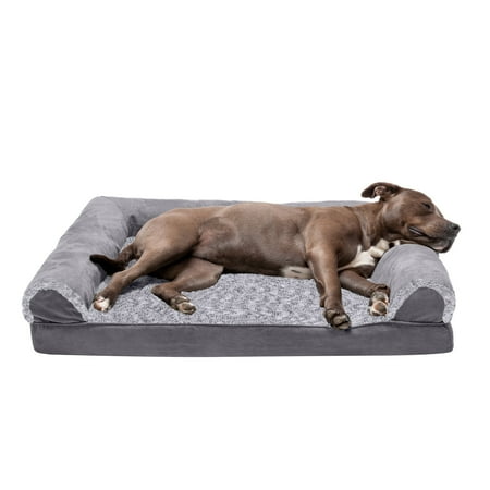 UPC: 0842229123968 | FurHaven Pet Products Orthopedic Two-Tone Faux Fur & Suede Sofa-Style Couch Pet Bed for Dogs & Cats – Stone Gray Large