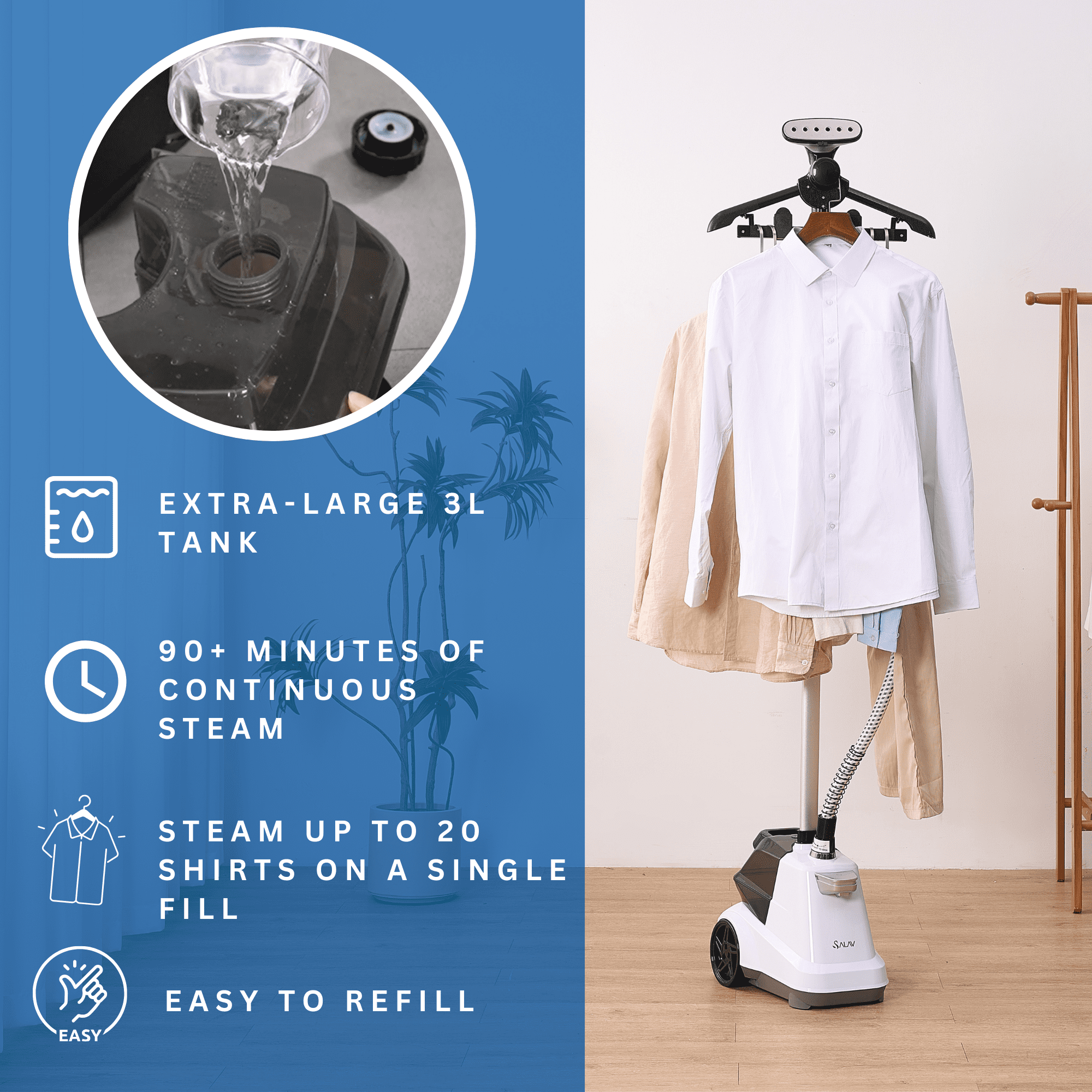 SALAV X3 Commercial-Grade Smart Auto Shut off Garment Steamer with Foot Pedals and Extra Large 3L Water Tank, White