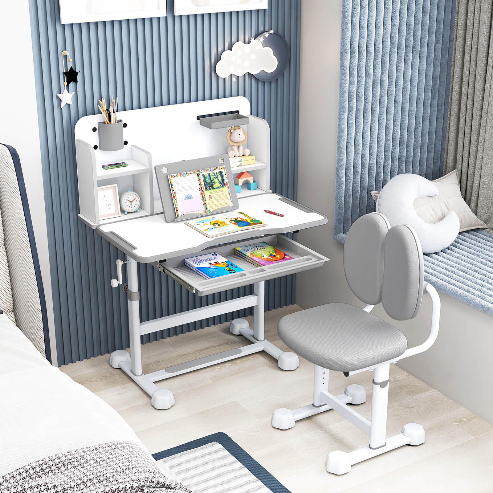 Costway Kid’s Study Desk & Chair Set with Tilt Desktop, Pen Holder & Tray, Reading Stand Gray