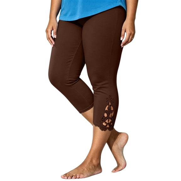 Ghalytn Plus Size Capri Leggings Women L-5XL, Elastic Waist Cropped Pants with Lace Hem