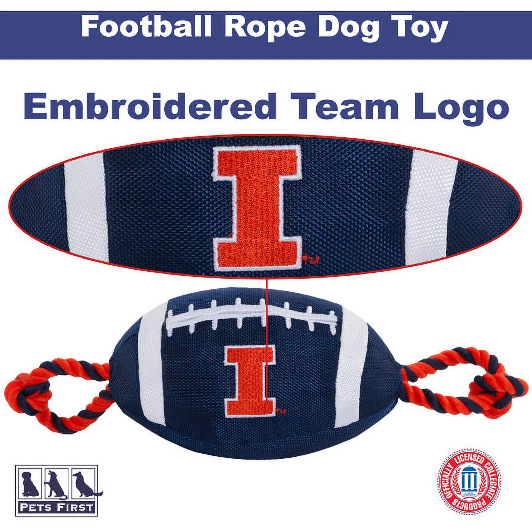 Pets First NCAA Illinois Fighting Illini Strong, Durable, Chewable Football Dog Toy with Inner Squeaker and Side Ropes, Officialy Licensed