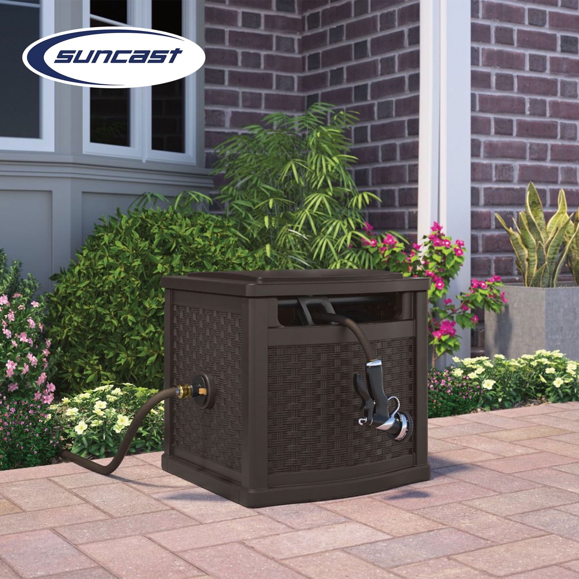 Suncast 150 Foot Slide Trak Outdoor Garden Water Hose Hideaway, Java