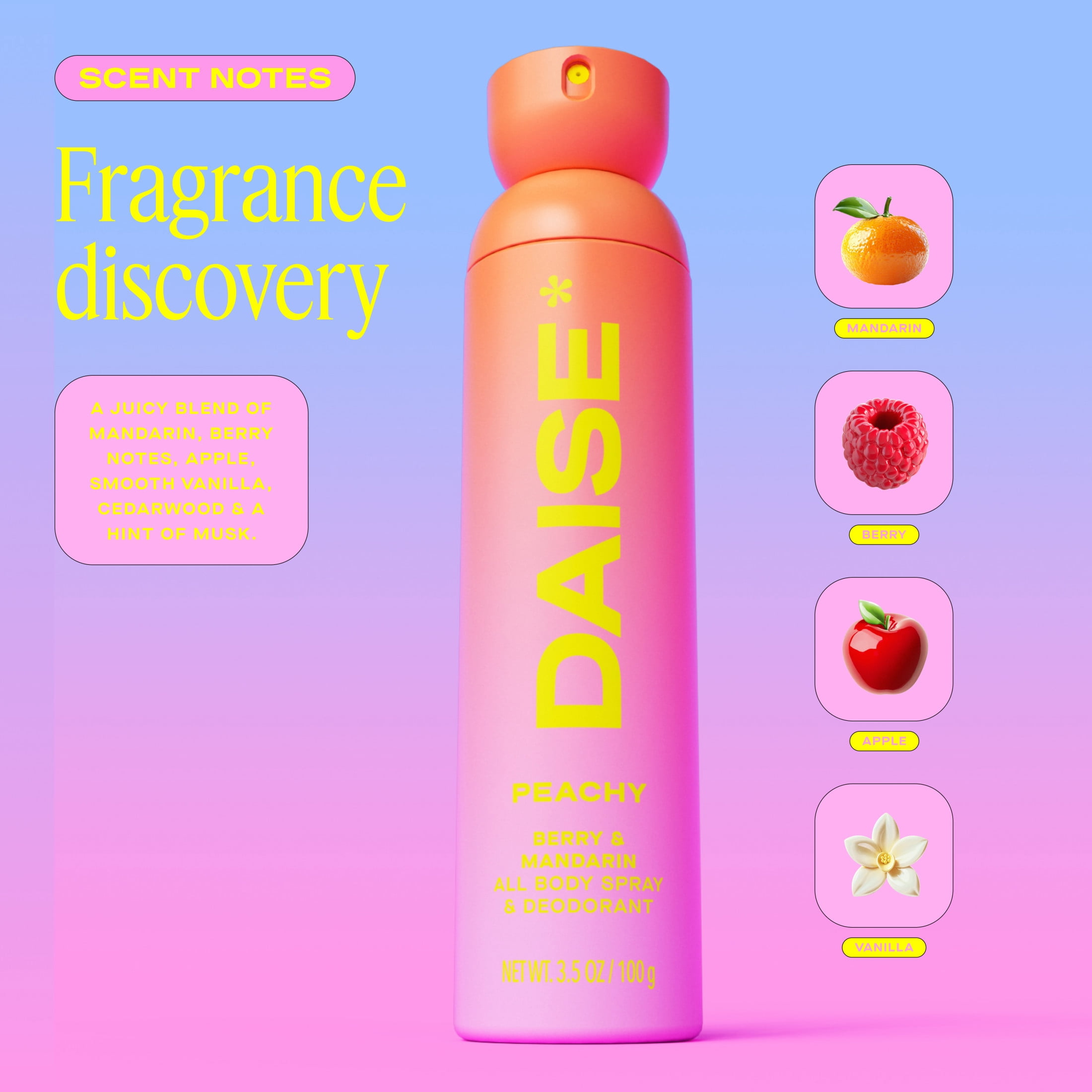 DAISE Peachy DAISE All Body Spray & Deodorant in Berry & Mandarin for 24h Freshness, 3.5 oz/120 mL