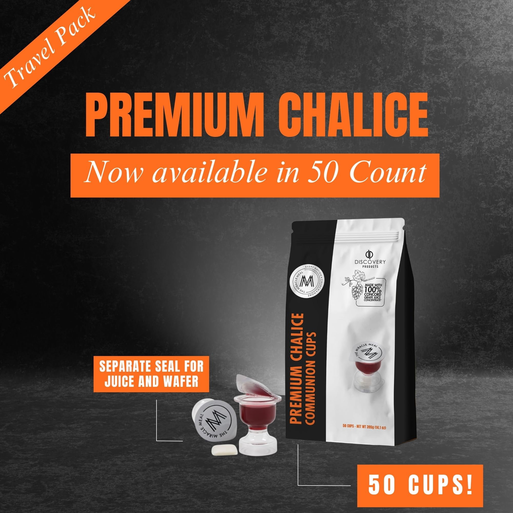 Discovery Products Travel Pack - Pre-Filled Premium Chalice Cup - Bag of 50 with Wafer and 100% Concord Grape Juice