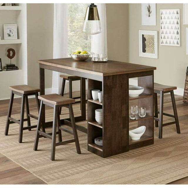 Progressive Furniture Kenny 5 Piece Counter Height Storage Dining Table Set with 6 Chairs, Walnut