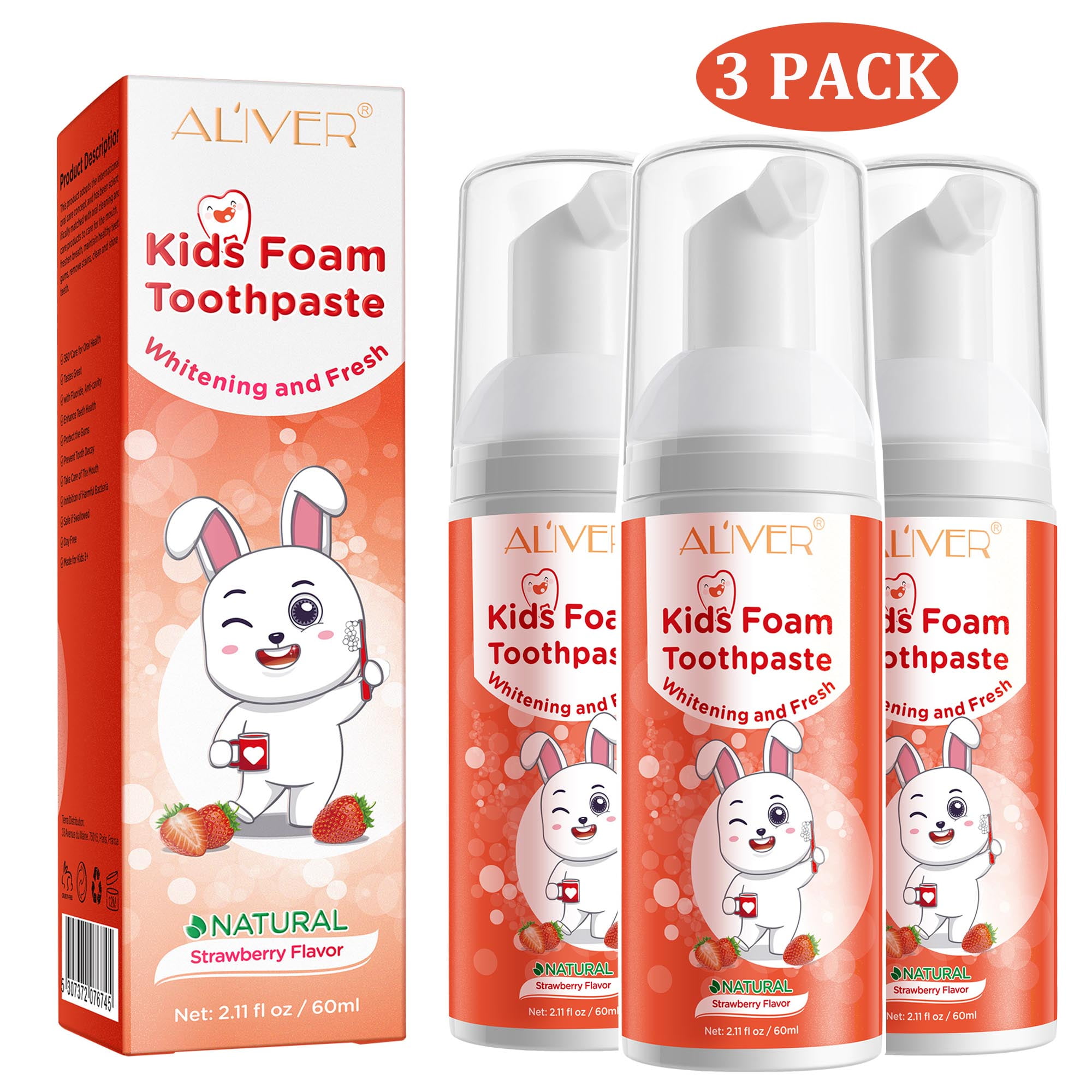 Aliver (3 Pack) Kids Foam Toothpaste Strawberry, Mild Foaming Low