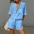 thumbnail image 4 of Linen Sets for Women 2 Piece Short Sleeve Tops and Wide Leg Shorts Summer Casual Fashion Beach Outfits Blue M, 4 of 7