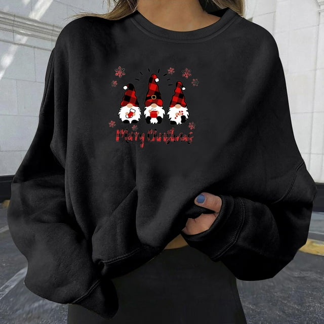 Qertyioot Chandail d'Hiver pour Femmes Mode Imprimé Noël, Manches Longues Col Rond Chaud Ample Tendance Tricoté