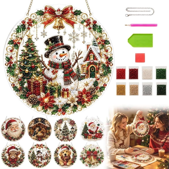 Christmas Pearl Diamond Art Hanging Ornament Kit, Santa Suncatcher, 10in Shaped Acrylic