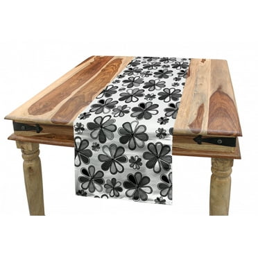 Floral Table Runner, Greyscale Retro Petals Continuous Pattern Doodle Design, Dining Room Kitchen Rectangular Runner, 3 Sizes, by Ambesonne