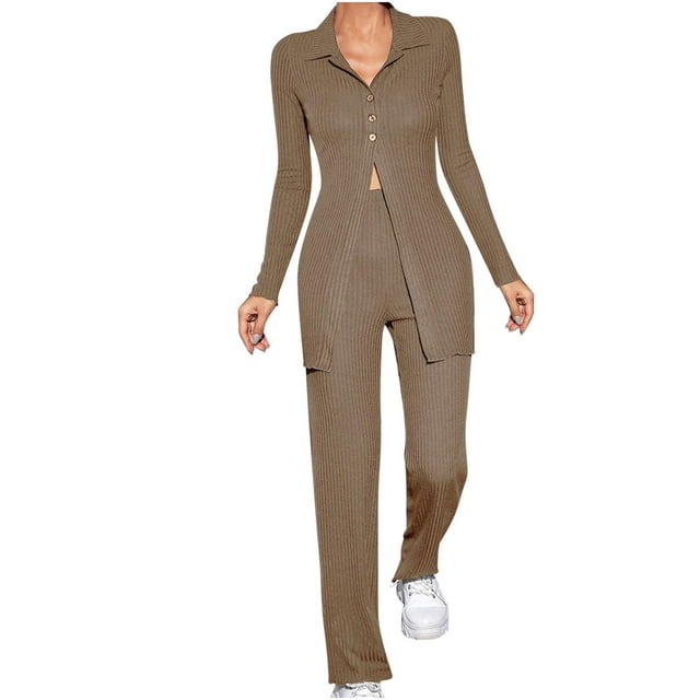 AherBiu 2 Piece Lounge Sets for Women Ribbed Knit Button Split Long Sleeve Shirts Pants Fall Outfits