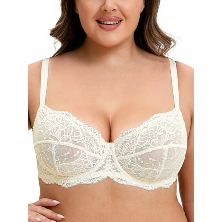Wingslove Women s Plus Size Lace Bras Underwire Push Up Non-padded Sheer Mesh Bra Minimizer Support Bralette for Heavy Breasts Ivory 42DD