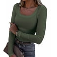 thumbnail image 2 of Povozer Womens Long Sleeve Stretch Crewneck Ribbed T-Shirt Slim Fit Casual Basic Tops(AG,M), 2 of 5