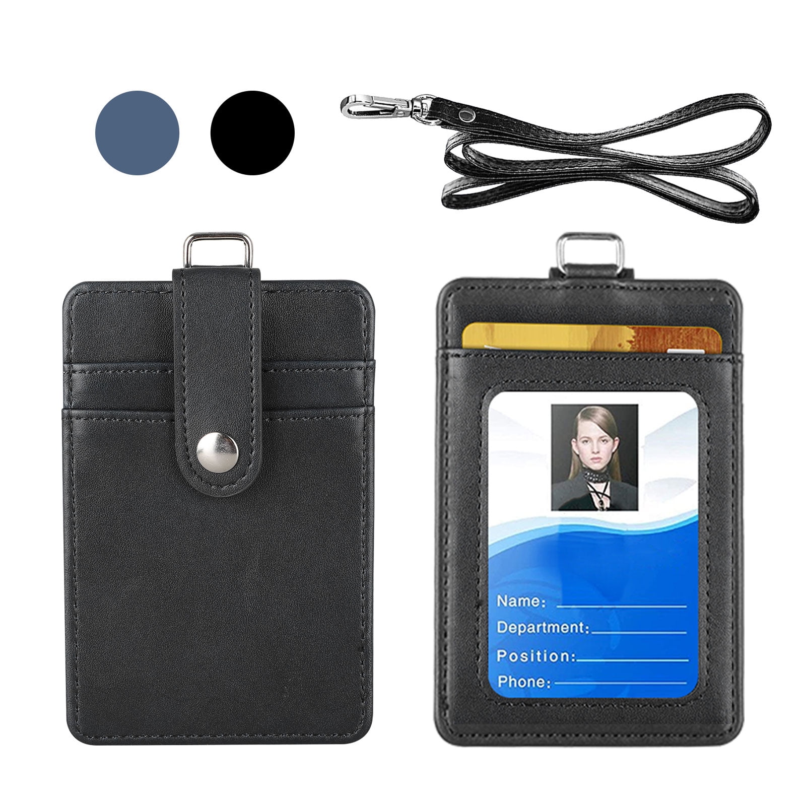 3PCS PU Leather ID Window Credit Card Badge Case Pass Holder Neck Strap W/Lanyar 