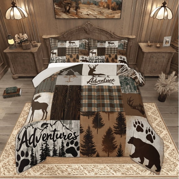 Manfei Hunting Moose Bear Full Size Comforter Sets, Brown Green Rustic Plaid Bedding Comforter Set, Nature Adventure Theme Bedding Sets, Luxury Bedroom Decor, 3-Piece Reversible