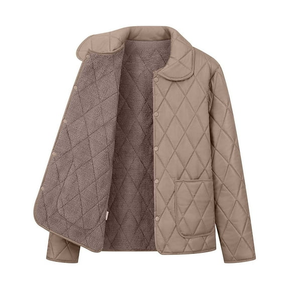 Women's Lightweight Quilted Jackets, Plus Size Fall Winter Fleece Lined Coats Warm Casual Button Jacket Outerwear Khaki XXL