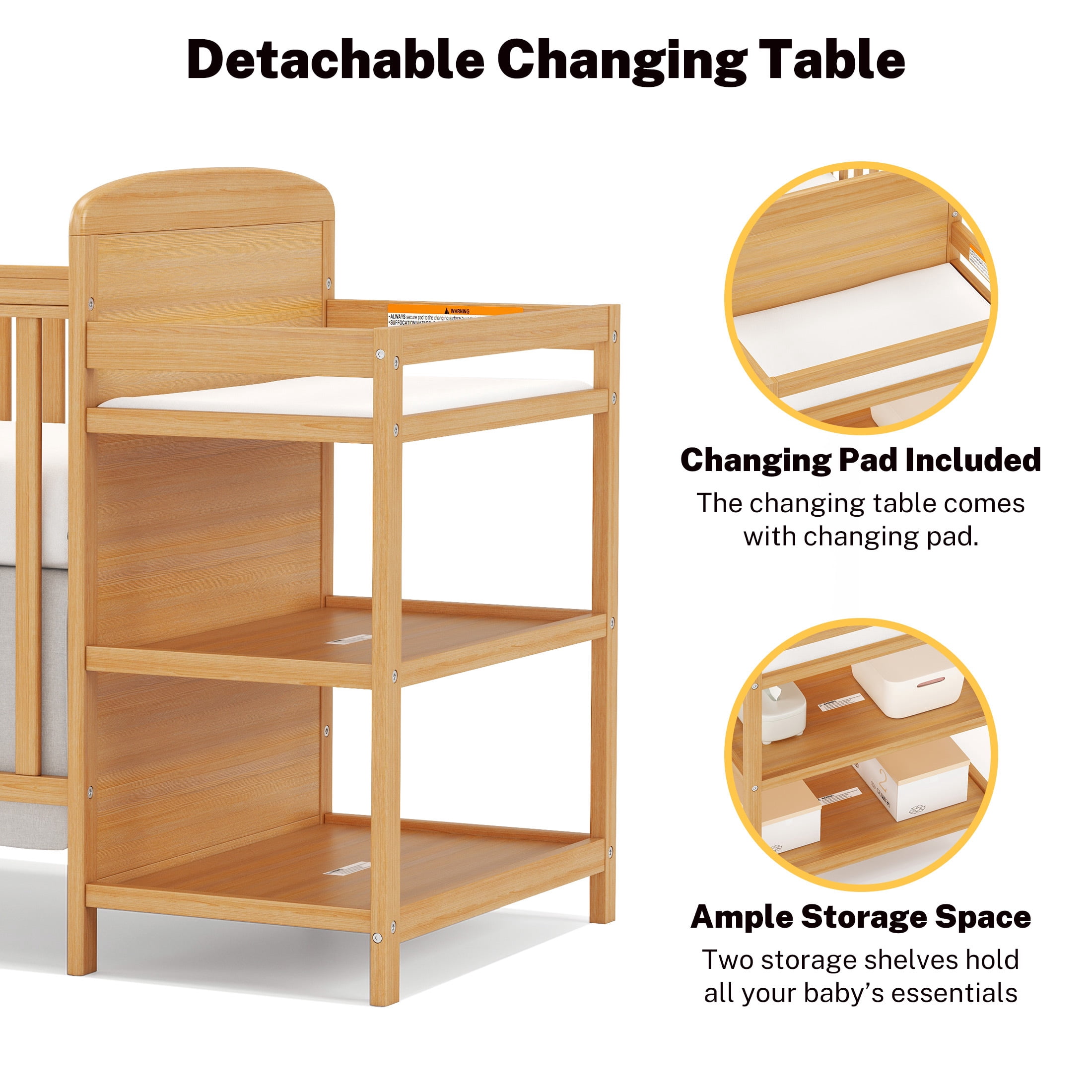 Conchico 3-In-1 Convertible Crib and Detachable Changer, New Zealand Pinewood Baby Crib, Toddler Daybed Bed with 3 Heights, Non-Toxic Finish, Easy to Assemble, Natural