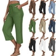 thumbnail image 2 of Yuanlook Women's Linen Crop Pants Capris Wide Leg Pant Casual Cropped Trousers with Pockets - Green - M, 2 of 9