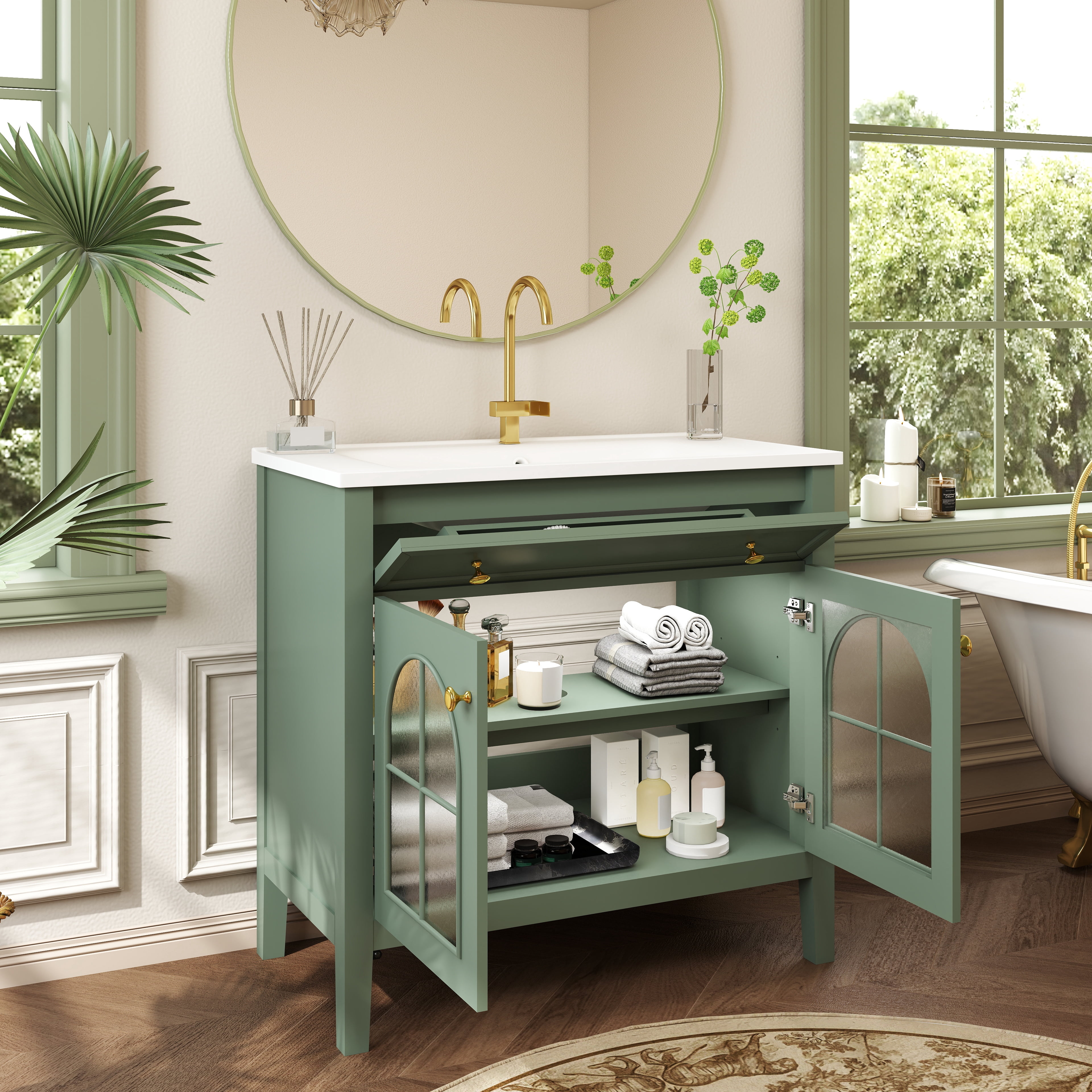 LiviNest Motion-Sensor Bathroom Vanity: 0-Second Auto-Light Medieval Vanity - Ample Storage for Apartment Bathrooms & Guest Powder Rooms - Green Freestanding Vanity with Patterned Glass