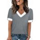 thumbnail image 1 of Mujeres Tops Casual Color Bloque Manga Corta V Cuello Blusa Moda Verano Primavera Respirable, 1 of 9