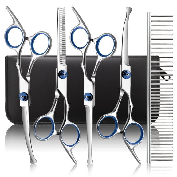 GPED Professional Dog Grooming Scissors Kit, 6 in 1 Dog Grooming Scissors with Safety Round Tips, Heavy-duty & 4CR Stainless Steel, Sharp & Study Cat Grooming Shears Kit for Dogs Cats(Blue)