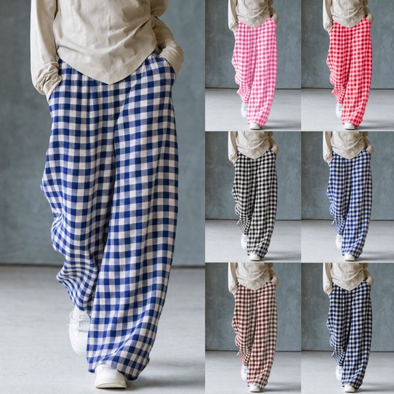 Asxite Womens Pajama Pants Plaid Print Elastic Waist Straight Leg Loose Breathable Bottoms