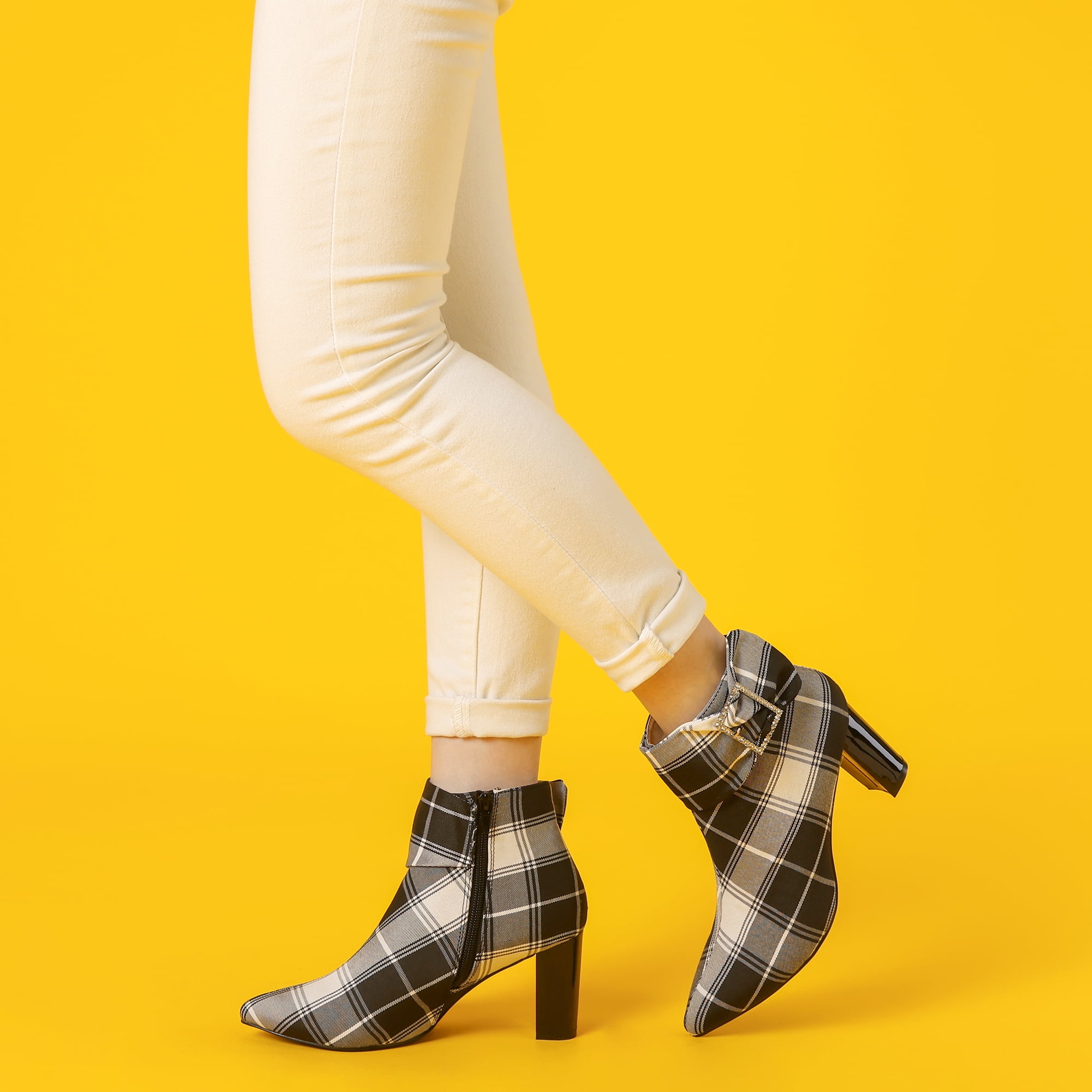 Unique Bargains Plaid Pointy Toe Bow Decor Zipper Chunky Heels Ankle Boots for Women Black 8