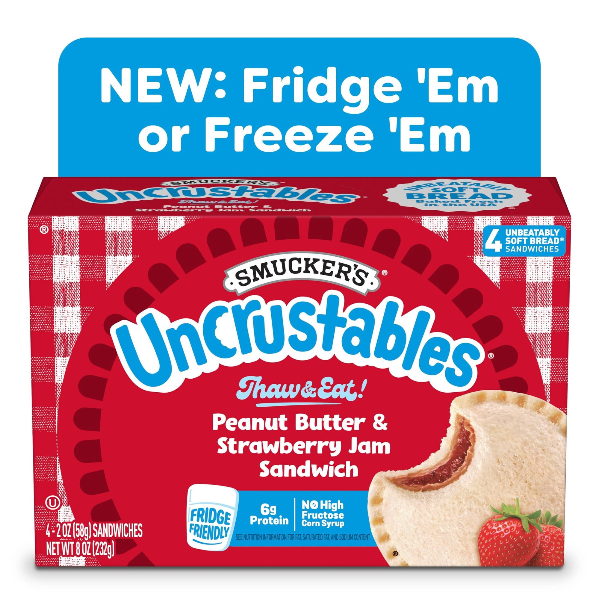 Smucker’s Uncrustables Peanut Butter & Strawberry Jam Sandwiches, 4 Count, 2 oz Each, Frozen