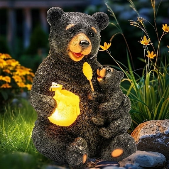 Solar Mother & Child Bears Statue for Patio, Outdoor Garden Bear Decor with LED Lights, Gift for Mom, Grandma, Wife