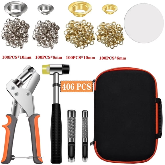 Grommet Tool Kit with Bag, 3/8 and 1/4 Tarp Grommet Kit with 200Pcs 10mm Grommets and 200Pcs 6mm Grommets, Grommets for Fabrics, Tarps, Vinyl and Banners