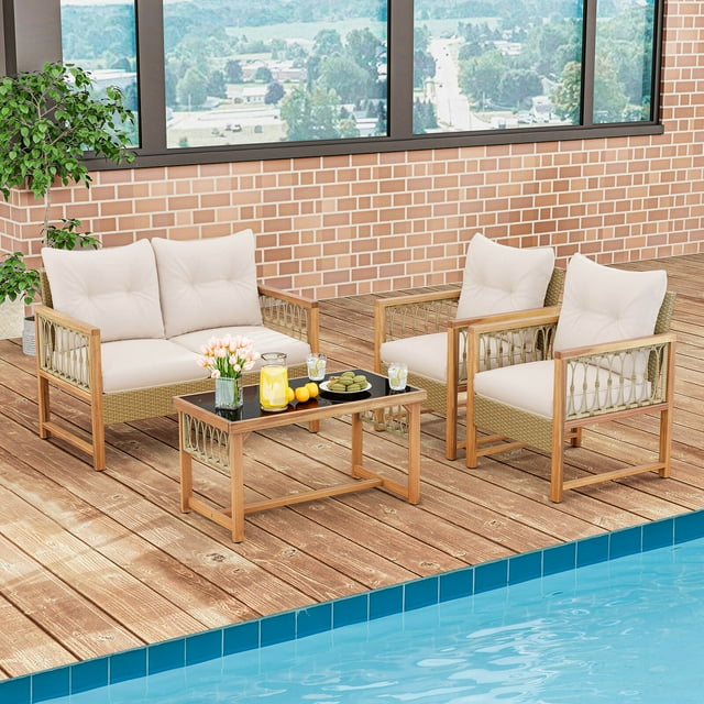 Costway Ensemble de Meubles de Patio 4 Pcs avec Cadre en Bois d'Acacia, Coussins et Table Basse