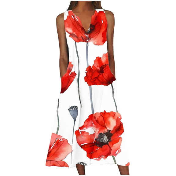 BangWanChi Boho Dresses for Women 2026 New Women's V-neck Button Button Sleeveless Printed Long Dress
