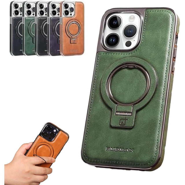 ORUYROP Luxury Leather Invisible Stand for iPhone Case, Transmitg Leather Case with Stand, Built-in Stand Magnetic Shockproof Phone Cover for iPhone 15/14/13/12 Pro Max (Green,for iPhone 12PRO