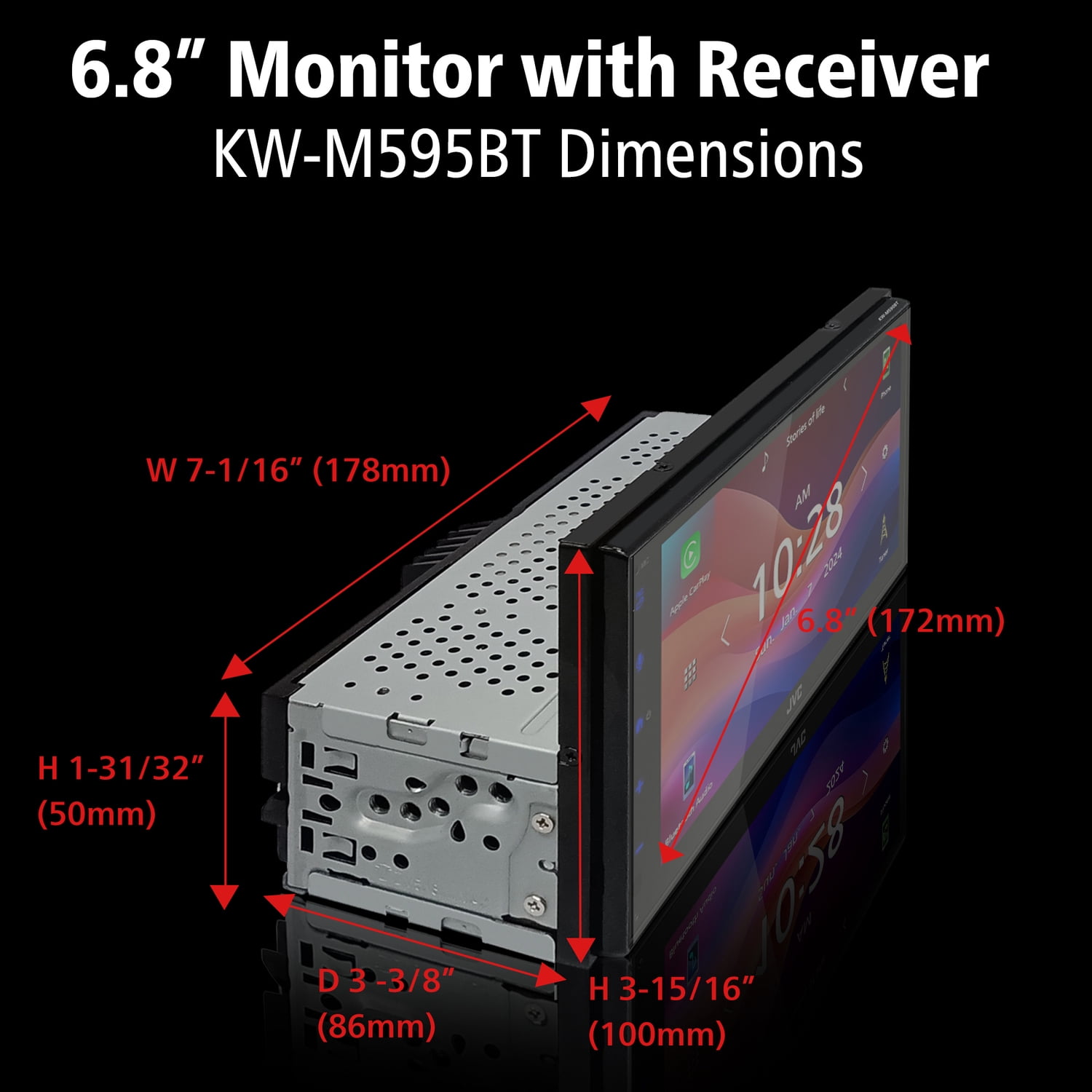 JVC KW-M595BT 6.8-In. Car In-Dash Unit, Double-DIN/Single-DIN Digital Receiver with WSVGA Touch Screen, Android Auto/Apple CarPlay, and SiriusXM Ready