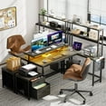 thumbnail image 3 of GUNAITO 71 inch Computer Desk with LED Lights & Power Outlet Office Desk with Fabric Drawer Gaming Desk with Monitor Stand Large Corner Desk with Double-layer Storage Shelf,Grey Oak, 3 of 8
