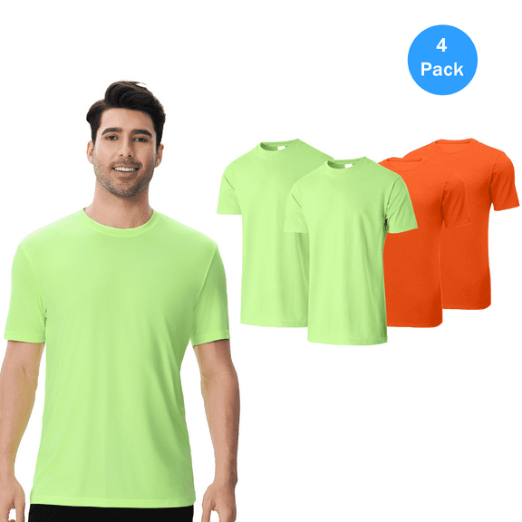 High Visibility Safety Short Sleeve T-Shirt, Hi Vis Crewneck Moisture-Wicking Dry Fit Workwear Tee 100% Polyester Multicolor Pack 4, S