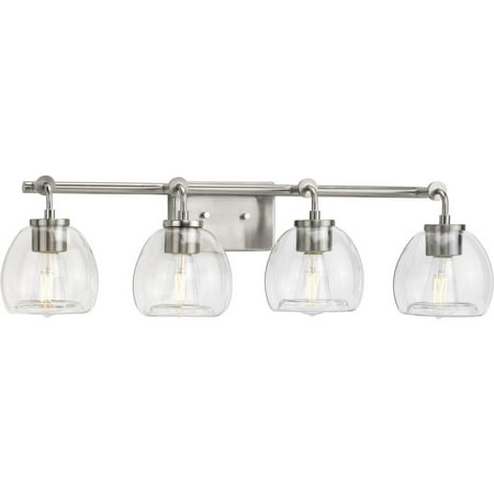 

Caisson Collection Four-Light Brushed Nickel Clear Glass Urban Industrial Bath Vanity Light