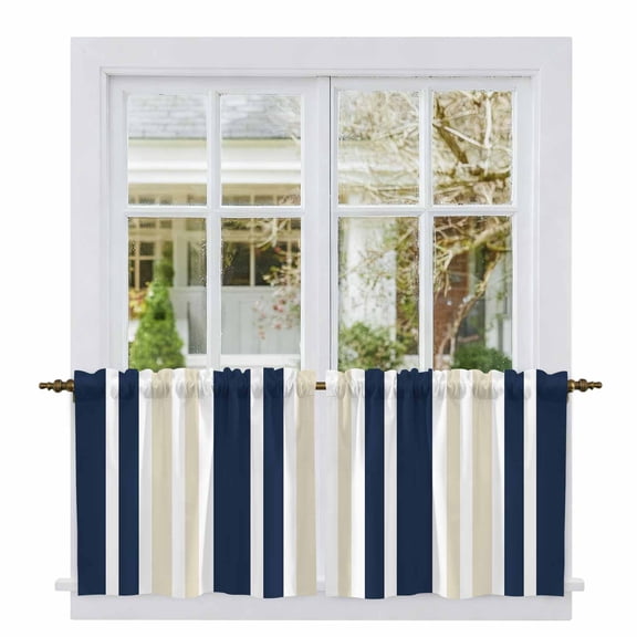 Navy Blue Khaki Striped Tier Curtains, Modern Minimalist Ombre Lines Light Filtering Kitchen Curtains, 2Pcs Rod Pocket Half Window Treatments Panels for Sink Cafe Cabinet Camper 27.5x36 Inches
