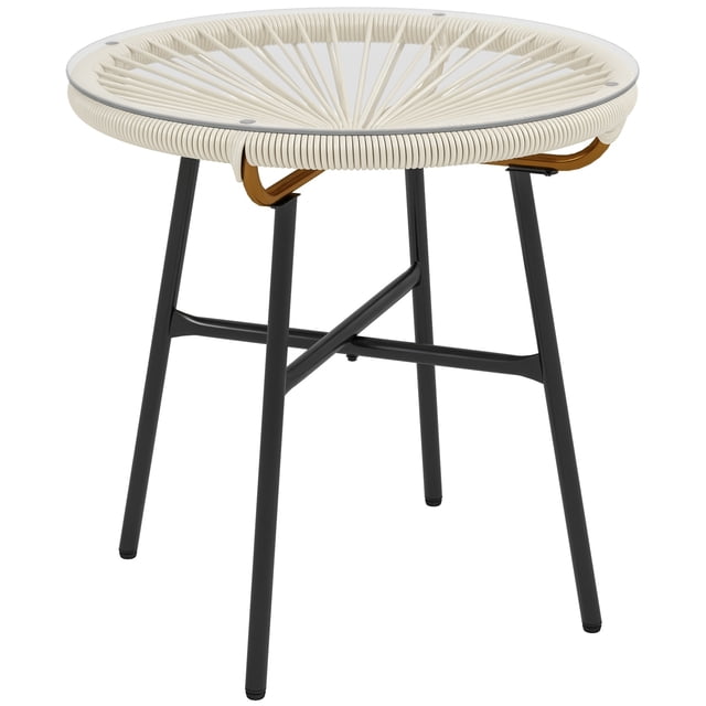Outsunny Table d'Appoint en Rotin avec Rotin PE et Dessus en Verre Trempé, Crème