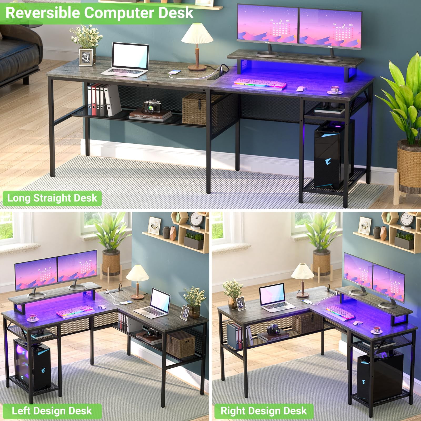 Aheaplus Reversible L Shaped Computer Desk with Power Outlet and LED Light,Black Oak