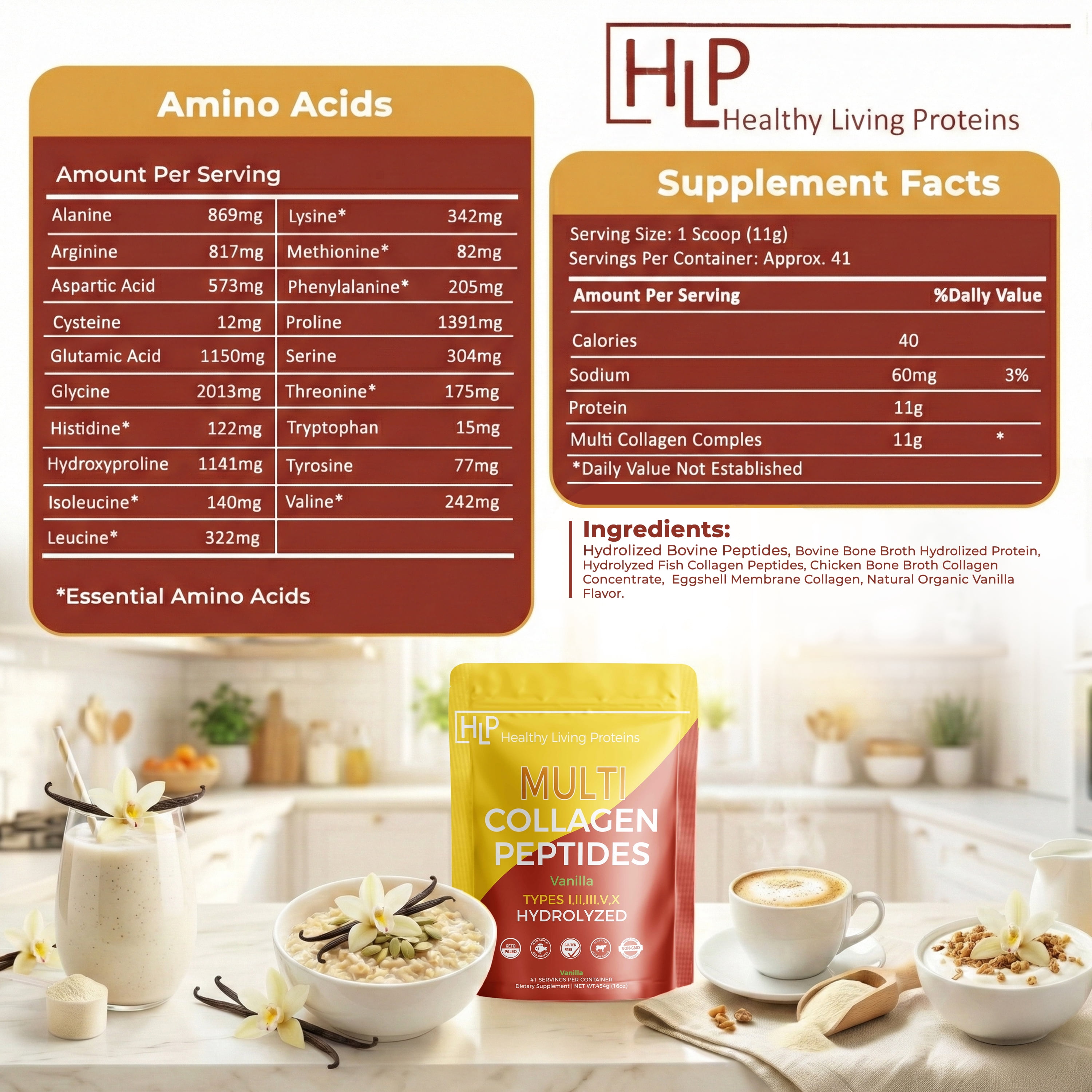 Healthy Living Proteins Multi Collagen Peptides Powder, Vanilla, 1lb